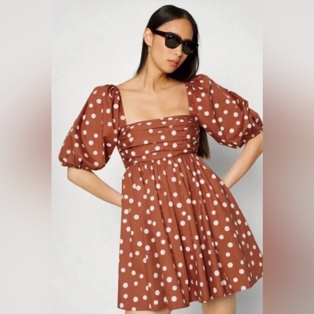 Abercrombie & Fitch Emerson Poplin Puff Sleeve Mini Dress - Brown Polka Dot
